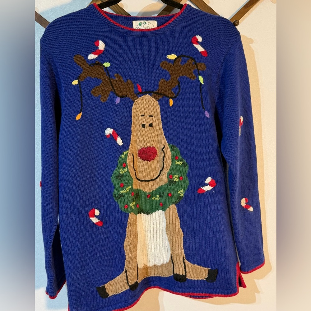 Quacker Factory Womens Blue Happy Reindeer Christmas Sweater Ramie/Cotton/angora